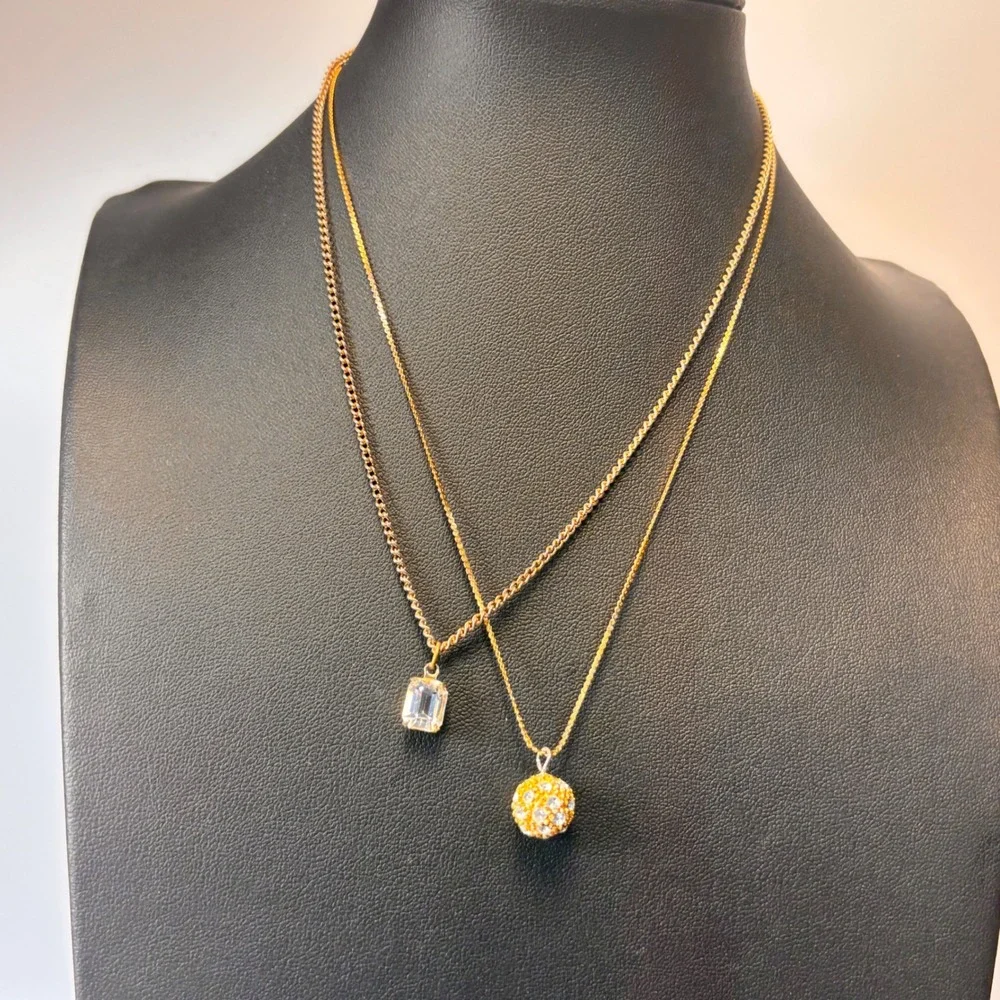 Vintage Necklace Set Gold Tone Crystal Emerald Cut Disco Ball Boho 90s
